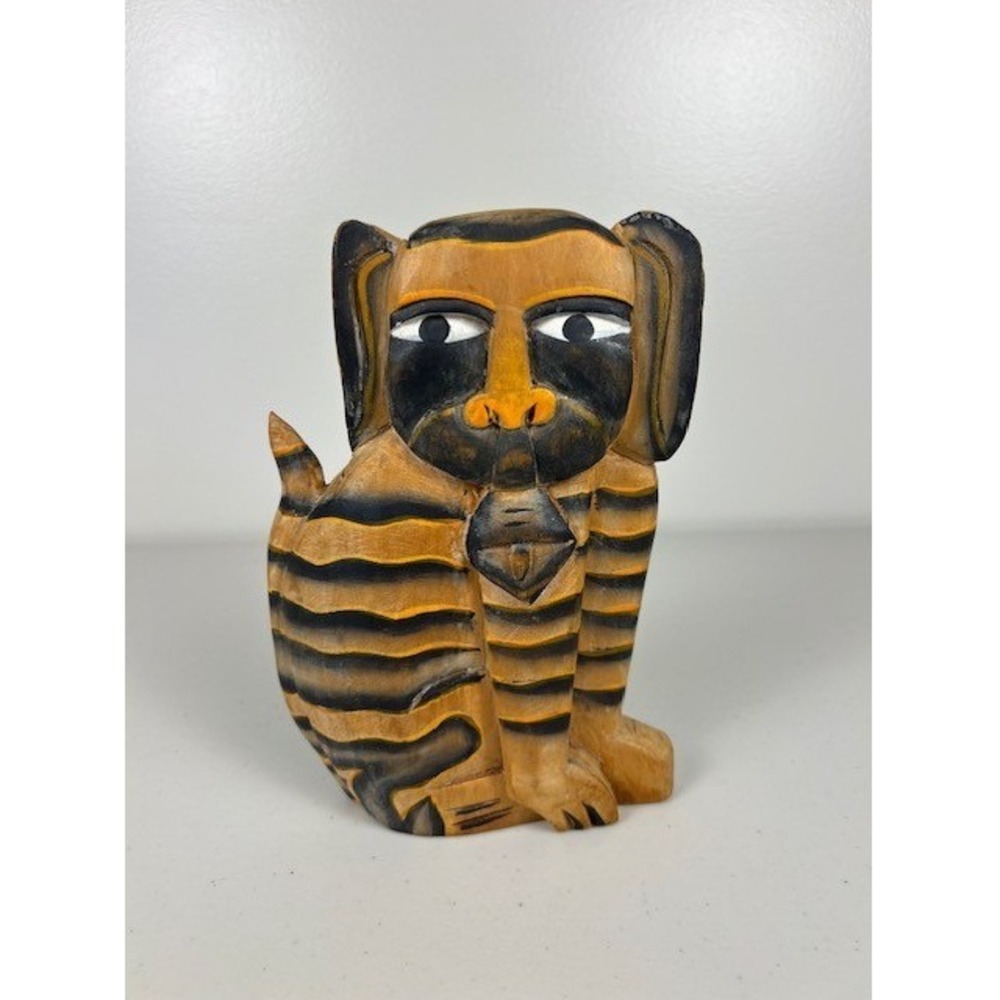Vintage Hand Carved Wooden Tiger Figurine Folk Art Striped Animal Sculpture 8.5"